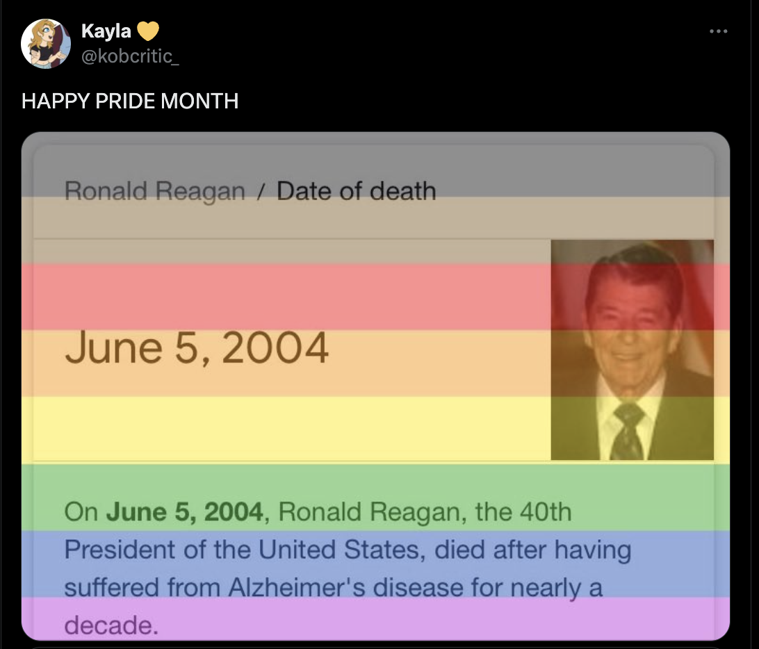 screenshot - Kayla Happy Pride Month Ronald Reagan Date of death On , Ronald Reagan, the 40th President of the United States, died after having suffered from Alzheimer's disease for nearly a decade.